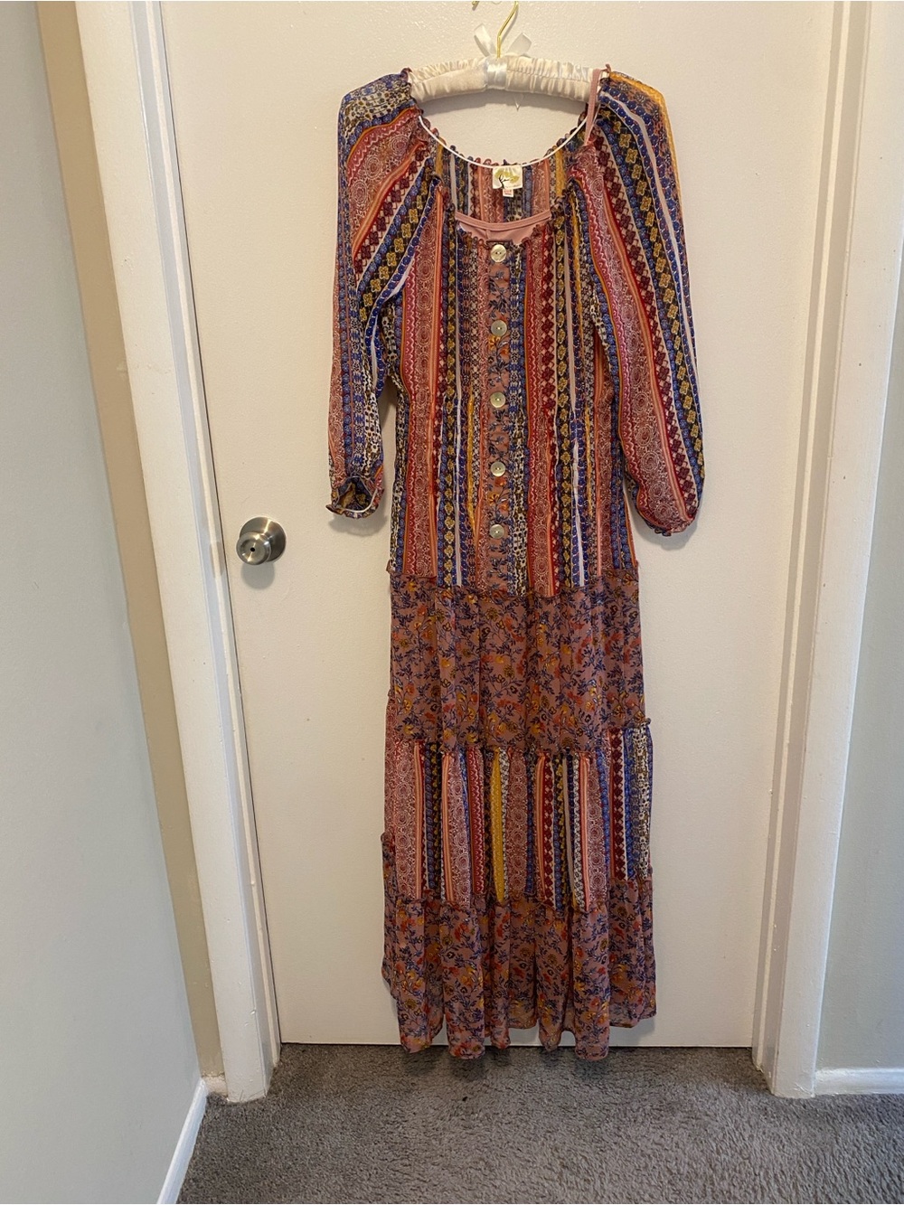 fig and flower Rust Multi Boho Stripe & Floral Maxi Dress Sheer with slip